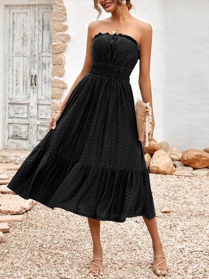 Eyelet Strapless Smocked Waist Tube Midi Dress Dress - Chuzko Women Clothing