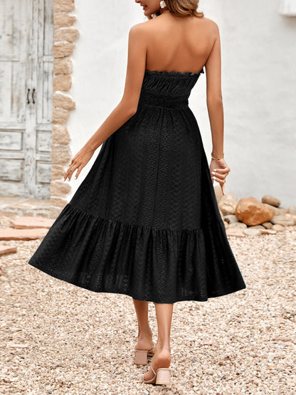 Eyelet Strapless Smocked Waist Tube Midi Dress Dress - Chuzko Women Clothing