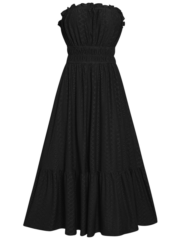 Eyelet Strapless Smocked Waist Tube Midi Dress Dress - Chuzko Women Clothing