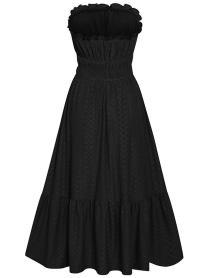 Eyelet Strapless Smocked Waist Tube Midi Dress Dress - Chuzko Women Clothing