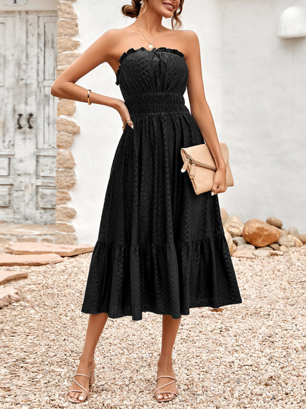 Eyelet Strapless Smocked Waist Tube Midi Dress Dress - Chuzko Women Clothing