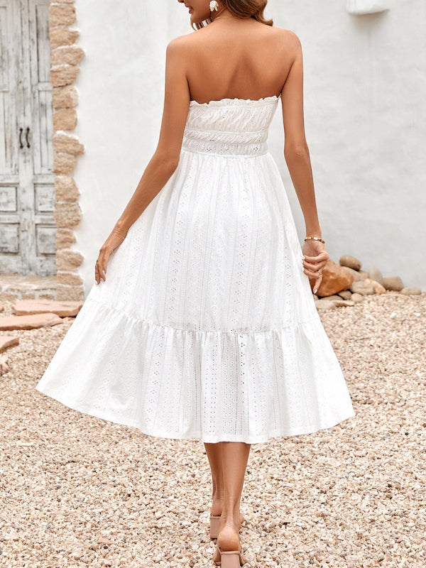 Eyelet Strapless Smocked Waist Tube Midi Dress Dress - Chuzko Women Clothing