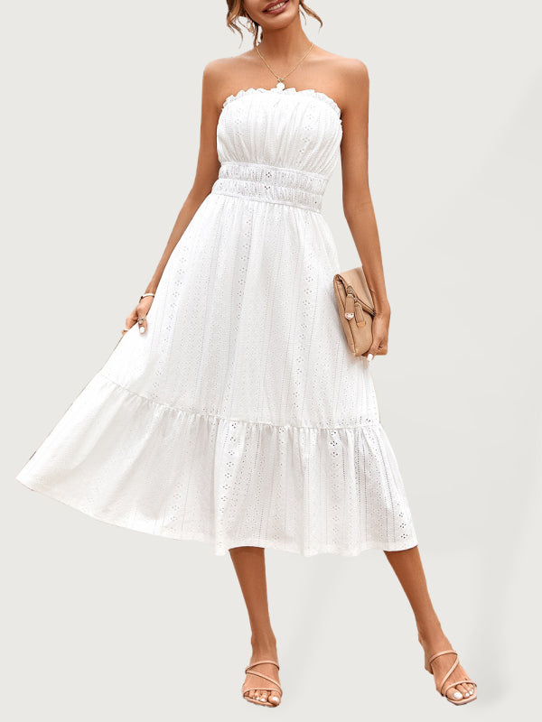 Eyelet Strapless Smocked Waist Tube Midi Dress Dress - Chuzko Women Clothing