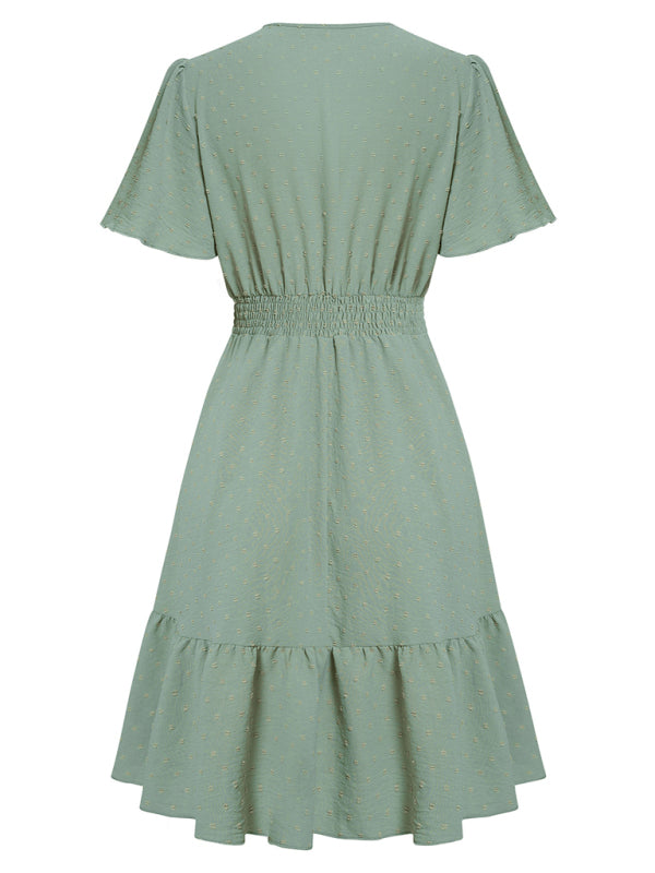 Lotus Leaf Sleeve V-Neck Mini Dress Dress - Chuzko Women Clothing