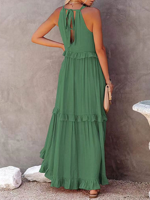 Vacation Solid A-Line Tiered Ruffle Halter Maxi Dress Dresses - Chuzko Women Clothing