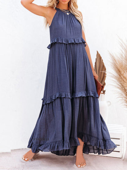 Vacation Solid A-Line Tiered Ruffle Halter Maxi Dress Dresses - Chuzko Women Clothing