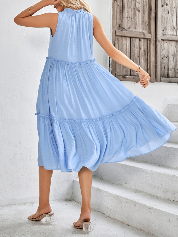 Solid Flowy Tiered Tie Midi Dress Dress - Chuzko Women Clothing