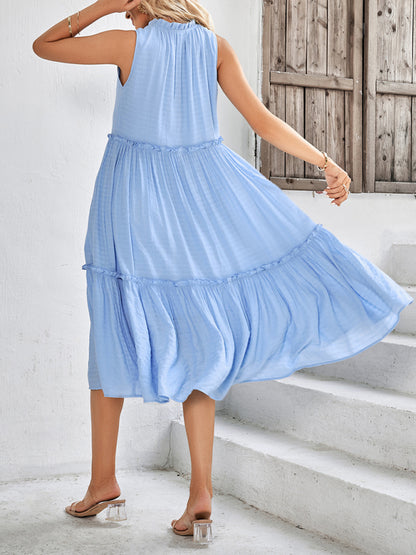 Solid Flowy Tiered Tie Midi Dress Dress - Chuzko Women Clothing