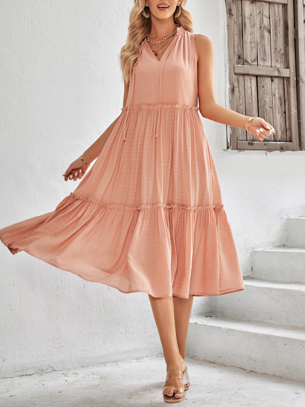 Solid Flowy Tiered Tie Midi Dress Dress - Chuzko Women Clothing