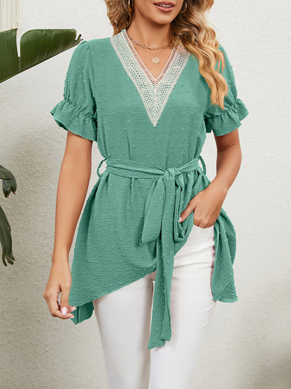 Tie-Front Chiffon Blouse with Asymmetrical Hem and Lace Accents Tops - Chuzko Women Clothing