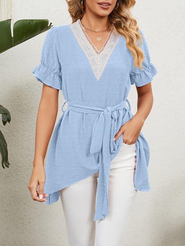 Tie-Front Chiffon Blouse with Asymmetrical Hem and Lace Accents Tops - Chuzko Women Clothing