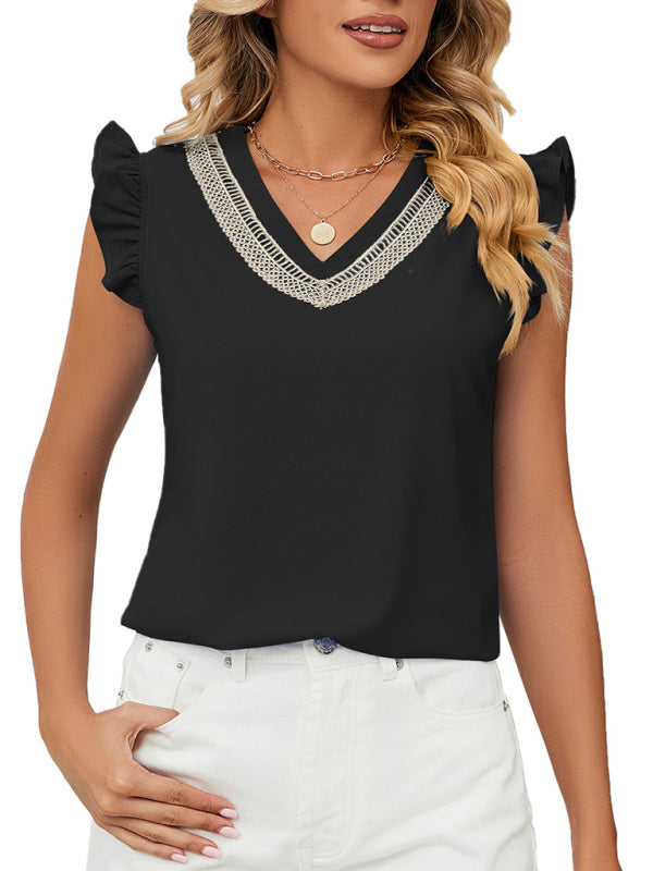 V-Neck Sleeveless Blouse with Ruffle Accents - Women's Top Tops - Chuzko Women Clothing