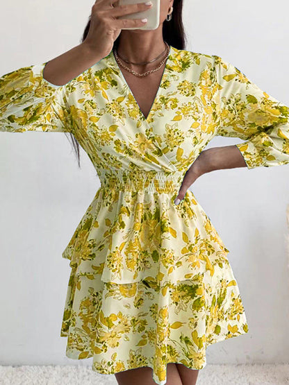 Floral Elegance Long Sleeve V Neck Pleated Tiered Mini Dress | Confident Chic Dress Dress - Chuzko Women Clothing