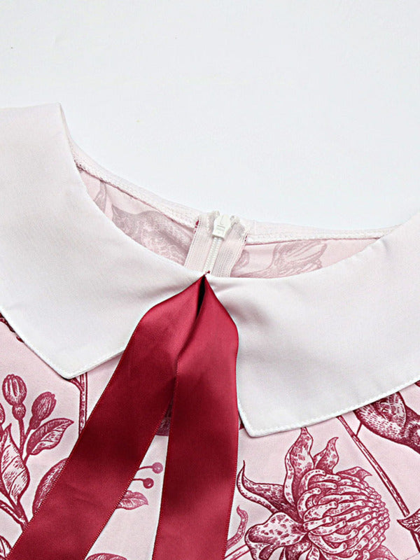 Women's Woven Doll Collar Printed Sleeveless Mini Dress Dress - Chuzko Women Clothing