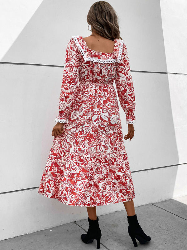 Autumn Embroidered Square Neck Long Sleeve Midi Dress Dresses - Chuzko Women Clothing
