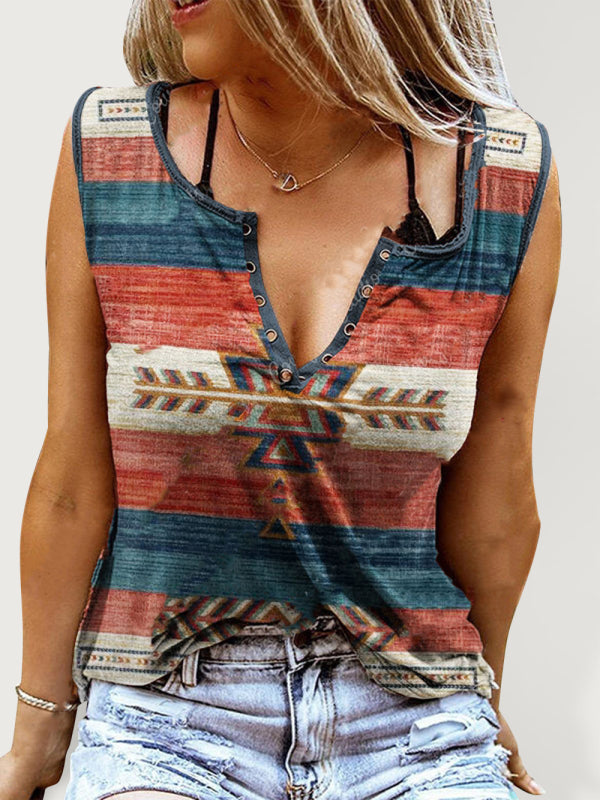 Casual Vintage Western Ethnic Print Sleeveless Shirt Tops - Chuzko Women Clothing