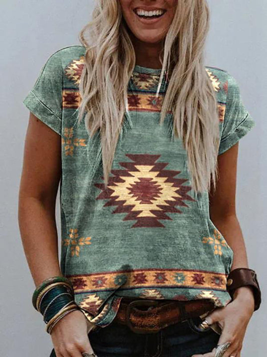 T-Shirt: Vintage Style with Ethnic Print - Top Tops - Chuzko Women Clothing
