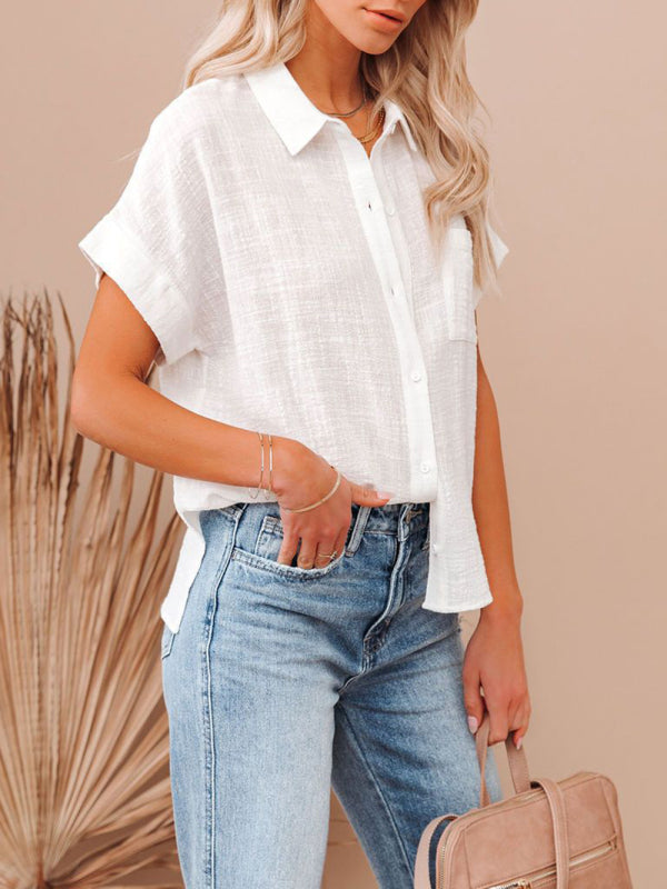 Solid Textured Button-Up Shirt with Pocket Shirts - Chuzko Women Clothing