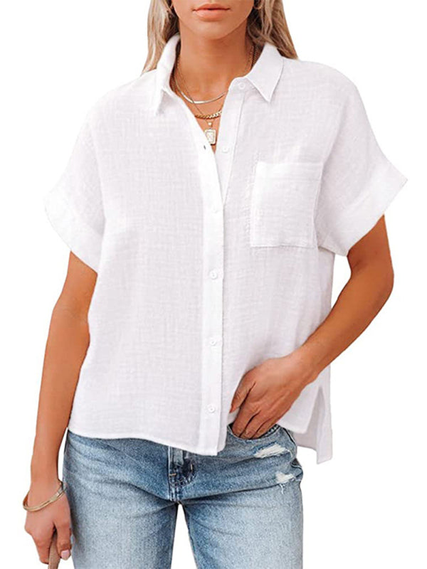 Solid Textured Button-Up Shirt with Pocket Shirts - Chuzko Women Clothing