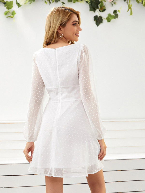 Elegant Swiss Dot A-Line Lantern Sleeve Square Neck Mini Dress Dress - Chuzko Women Clothing