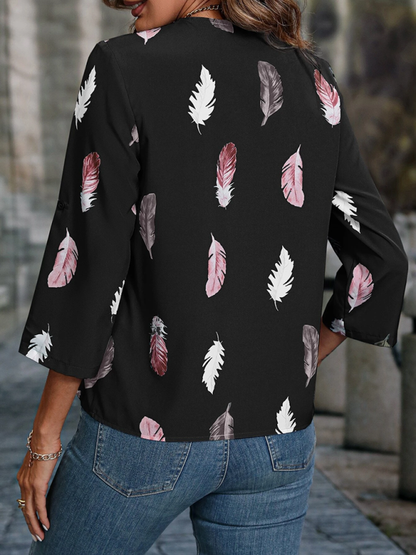 Elegant Feather Print 3/4 Sleeve V-Neck Blouse Top - Chuzko Women Clothing