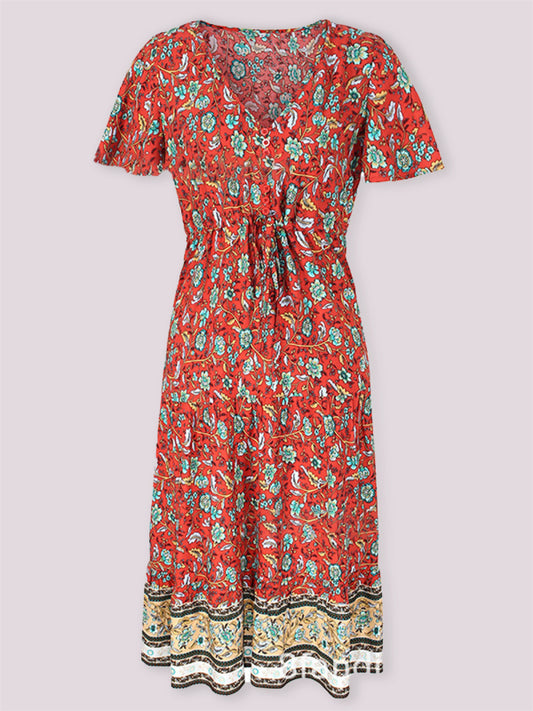Casual Floral Short Sleeve Tie-Waist Midi Dress Casual Dresses - Chuzko Women Clothing