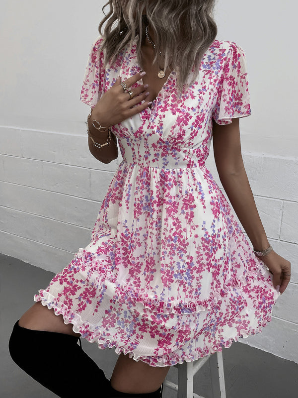 Tiered Ruffle Floral Mini Dress Dress - Chuzko Women Clothing