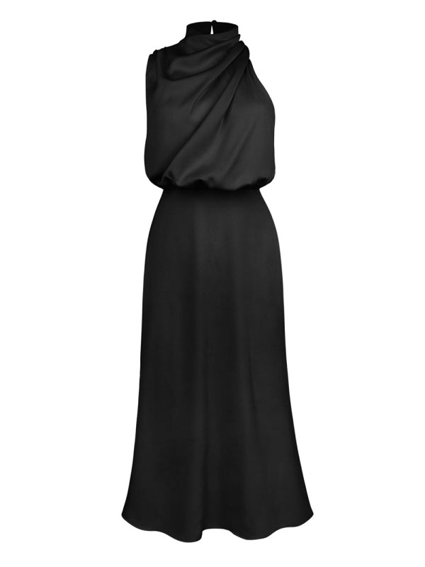 Elegant Satin Halter Cowl Neck Maxi Midi Dress with Sheath Silhouette Midi Dresses - Chuzko Women Clothing