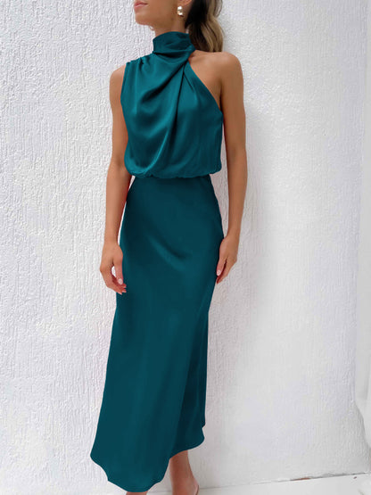 Elegant Satin Halter Cowl Neck Maxi Midi Dress with Sheath Silhouette Midi Dresses - Chuzko Women Clothing