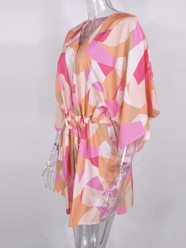 Tropical Print Adjustable Mini Dress with Batwing Sleeves Mini Dresses - Chuzko Women Clothing