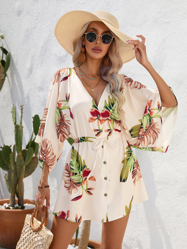 Tropical Print Adjustable Mini Dress with Batwing Sleeves Mini Dresses - Chuzko Women Clothing