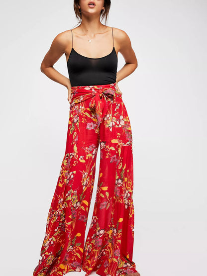Floral Fantasy: High-Waisted Wide Leg Palazzo Trousers - Pants Trousers - Chuzko Women Clothing
