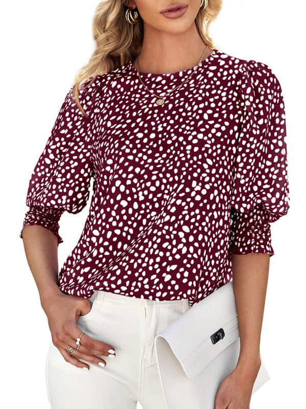 Abstract Leopar Print Puff 3/4 Sleeves Blouse Top Tops - Chuzko Women Clothing