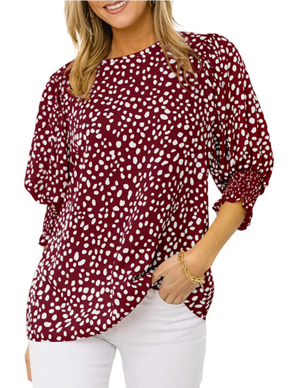 Abstract Leopar Print Puff 3/4 Sleeves Blouse Top Tops - Chuzko Women Clothing