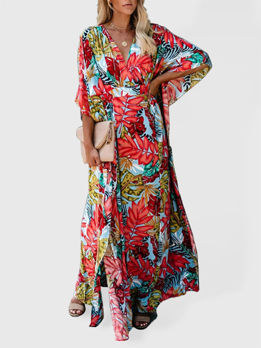Vacation Floral Surplice Cotton Maxi Dress Dress - Chuzko Women Clothing