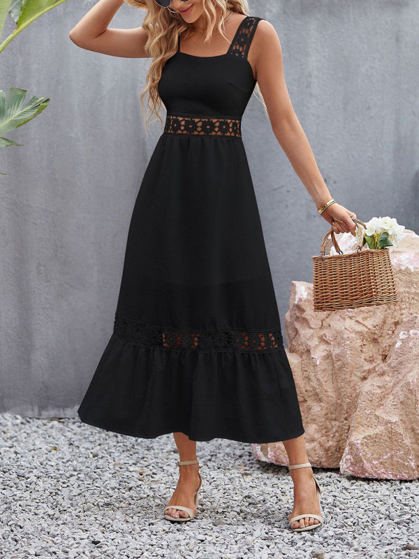 Summer Solid Lace Accents Ruffle Hem Cami Midi Dress Dress - Chuzko Women Clothing