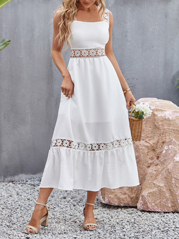 Summer Solid Lace Accents Ruffle Hem Cami Midi Dress Dress - Chuzko Women Clothing