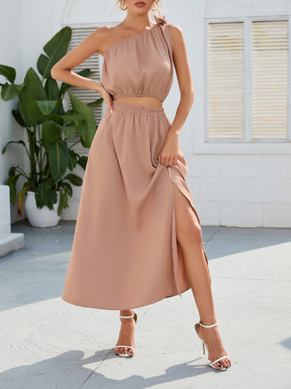 2-Piece Solid Elastic Waist Long Skirt + Crop Top Casual Suit (Skirt + Top) - Chuzko Women Clothing