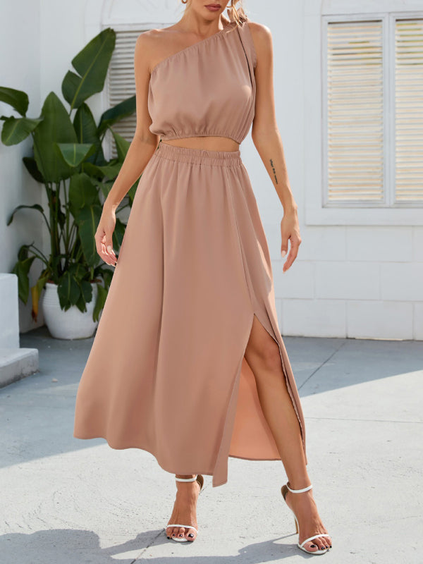 2-Piece Solid Elastic Waist Long Skirt + Crop Top Casual Suit (Skirt + Top) - Chuzko Women Clothing