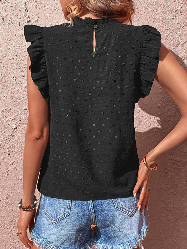 Chic Dotted Delight: Women's Blouse with Mock Neck & Guipure Lace Inlay Top - Chuzko Women Clothing