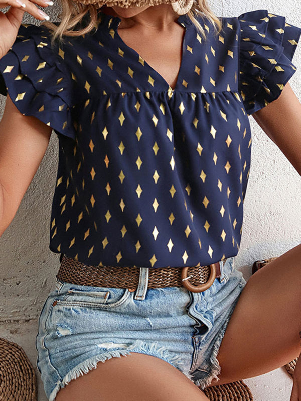 Geometric Gold Print V Neck Layered Sleeve Blouse Top Tops - Chuzko Women Clothing