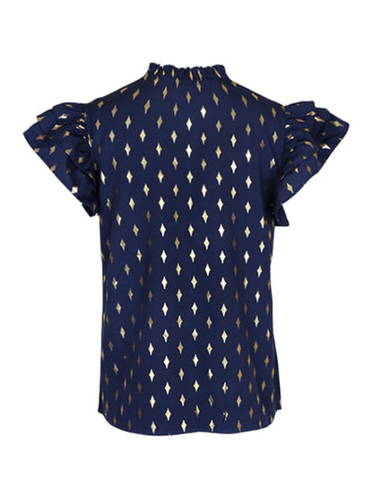 Geometric Gold Print V Neck Layered Sleeve Blouse Top Tops - Chuzko Women Clothing