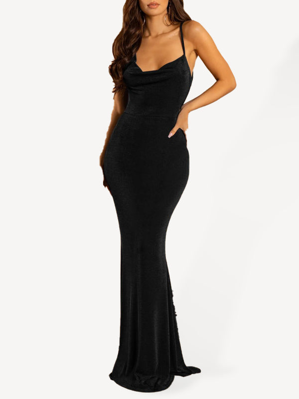 Elegant Solid Cowl Sleeveless Bodycon Mermaid Maxi Dress Bodycon Dresses - Chuzko Women Clothing