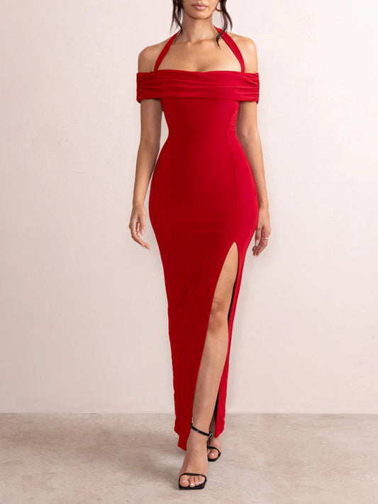 Elegant Solid Off The Shoulder High Slit Bodycon Maxi Dress Bodycon Dresses - Chuzko Women Clothing