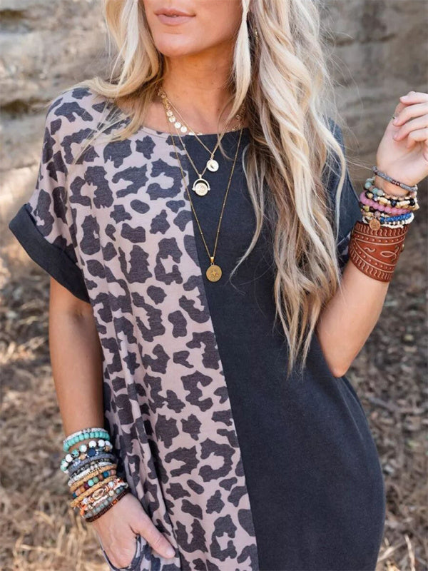 Leopard Print Long T-Shirt Dress with pockets- Perfect for Any Occasion! Dress - Chuzko Women Clothing