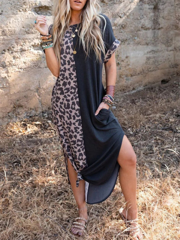 Leopard Print Long T-Shirt Dress with pockets- Perfect for Any Occasion! Dress - Chuzko Women Clothing