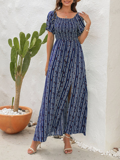 Summer Stripe Off-Shoulder Fit and flare Slit Maxi Dress Dress - Chuzko Women Clothing