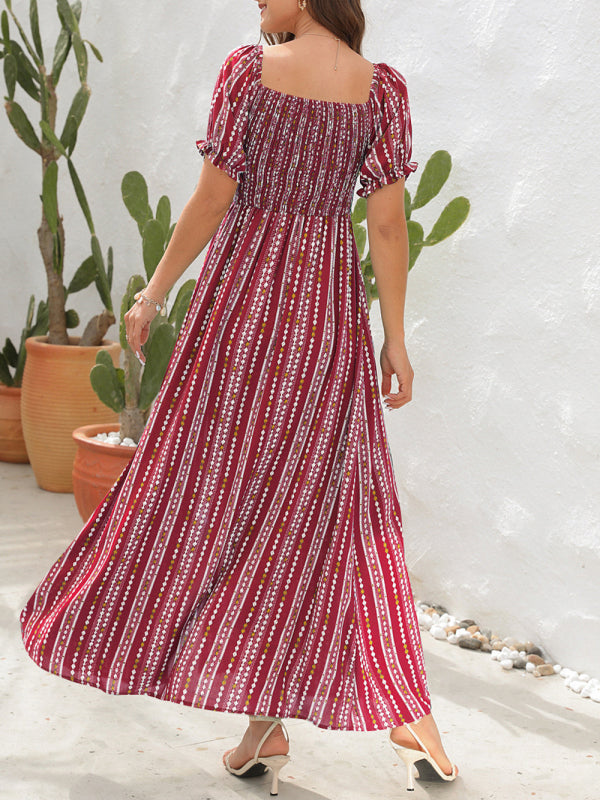 Summer Stripe Off-Shoulder Fit and flare Slit Maxi Dress Dress - Chuzko Women Clothing