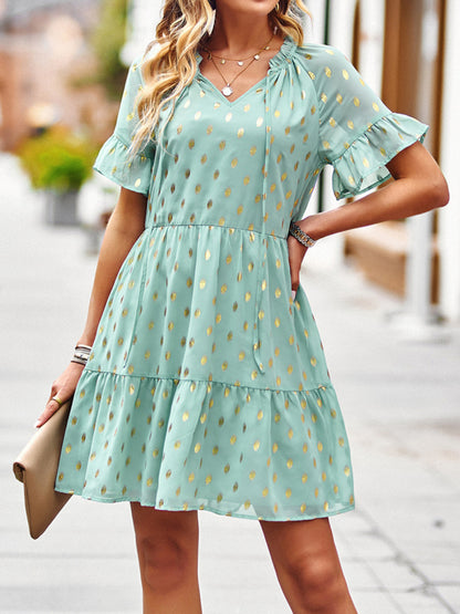 Golden Polka Dot Mini Dress: The Summer Must-Have! Dress - Chuzko Women Clothing