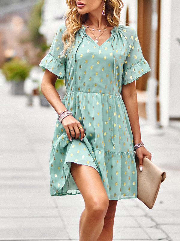 Golden Polka Dot Mini Dress: The Summer Must-Have! Dress - Chuzko Women Clothing